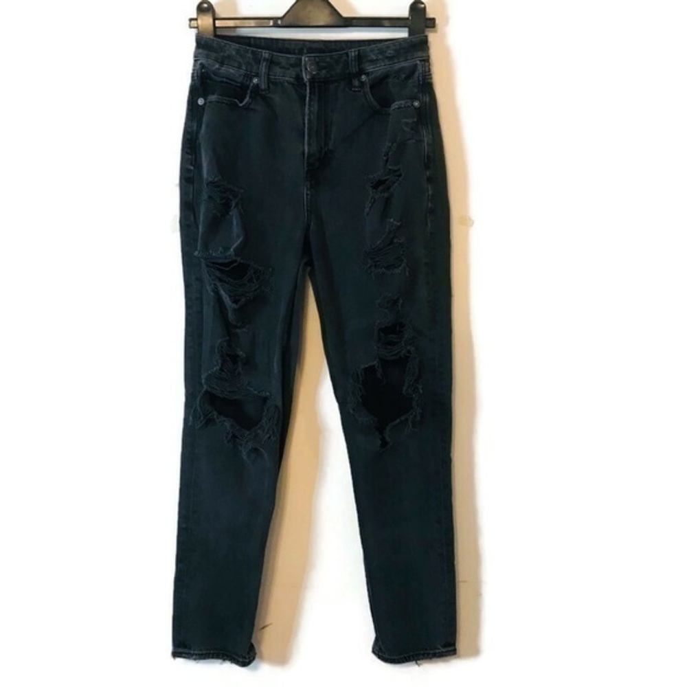 American Eagle Mom Jean Washed Black Distressed Women’s Jeans hi rise size 2 26